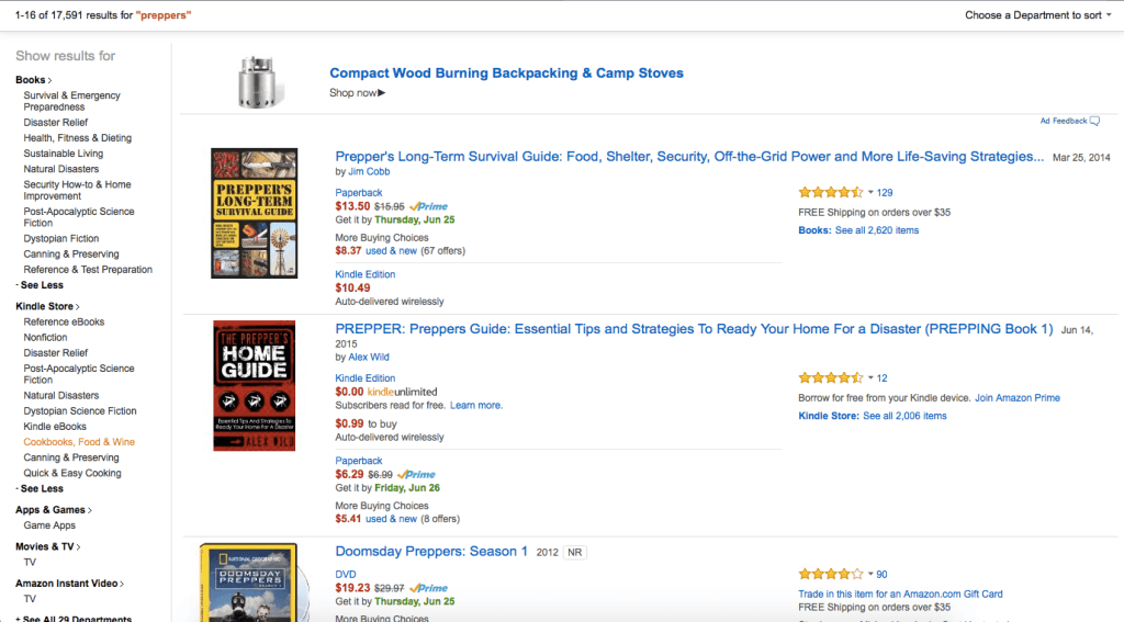 What I’m particularly interested in here is not so much the products that pop up, but the “Show results for” suggestions in the side bar. I add all of the applicable ones to my keyword list, along with the product result keywords that come up like camp stoves and long-term survival guide.