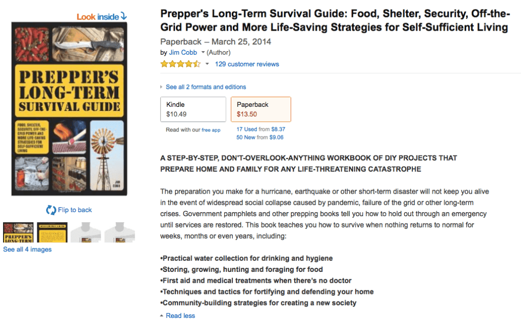 Looking at the description written by the person trying to sell this book to the preppers niche audience, I get keywords like hurricane, earthquake, short-term disaster, social collapse, pandemic, failure of the grid, long-term crisis, water collection, foraging for food, first aid, defending your home, community-building, and creating a new society.