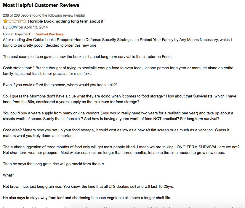 This review is only one star, but it was the very first one on the list, and the fact that almost 89% of the people who took time to read through the customer reviews found this one helpful says a lot. I didn’t capture the full review in one screenshot, but here’s the emotionally-charged keywords I got from it (most of which appeared multiple times throughout the review: long term survival, stockpile, food storage, grow new crops, long grain rice, raising and growing food, preparedness, Ragnar Benson, and homesteading.