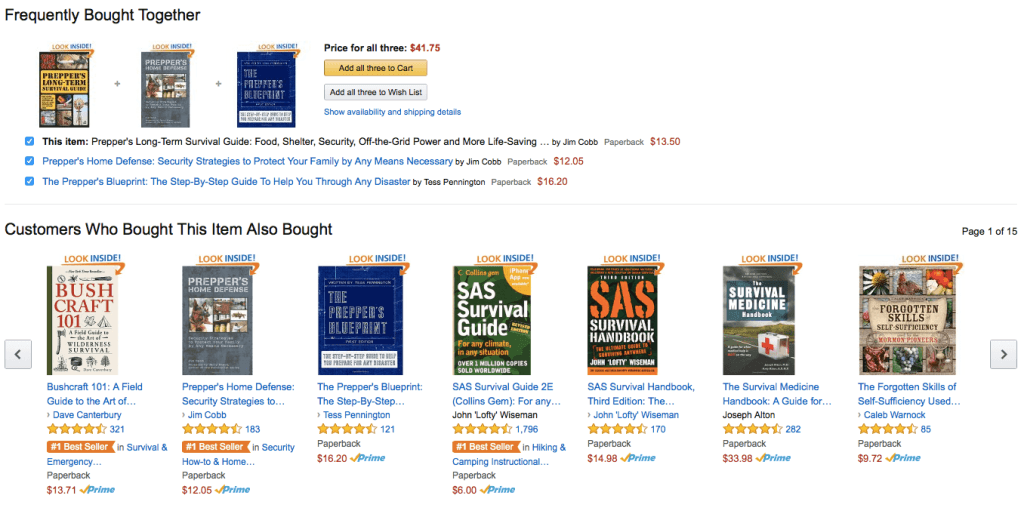 In these up-sell and cross-sell listings, I find more keywords like off-the-grid power, protect your family, bushcraft, survival handbook, survival medicine, and self-sufficiency.