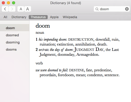When I started to look up “doomsday” I found “doom” instead. I could add almost every single word listed here—almost none were already in my list.