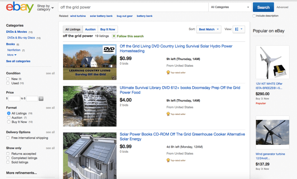 The titles of the products themselves give me keywords like off the grid living, country living survival, solar hydro power homesteading, doomsday prep, solar power, greenhouse, and alternative solar energy. The ads on the right suggest wind generator turbine.