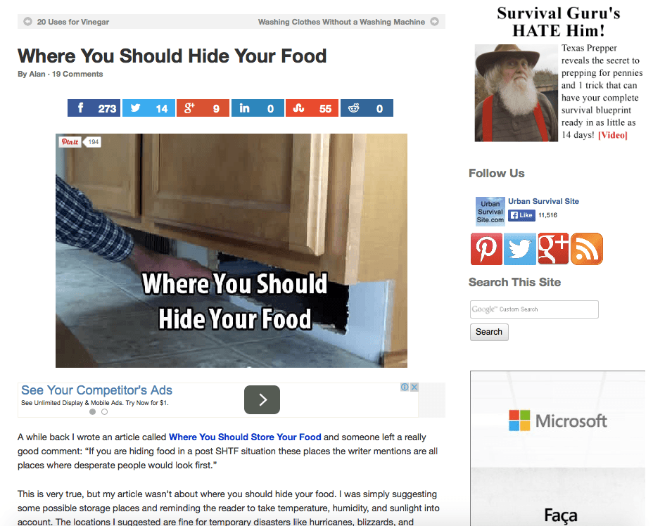 Searching through this site’s text-based backend was the first time I ran into any significant number of repeat phrases that I already had in my list. Even so, I still found urban survival, hide your food, and food shelf life tips—all words I know that are popular if they’re from one of 2014’s five most popular survivalism posts.