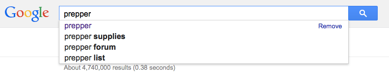 The same thing for “prepper.” People want to know the things they need and to connect with others by using search terms like prepper supplies, prepper forum, and prepper list.