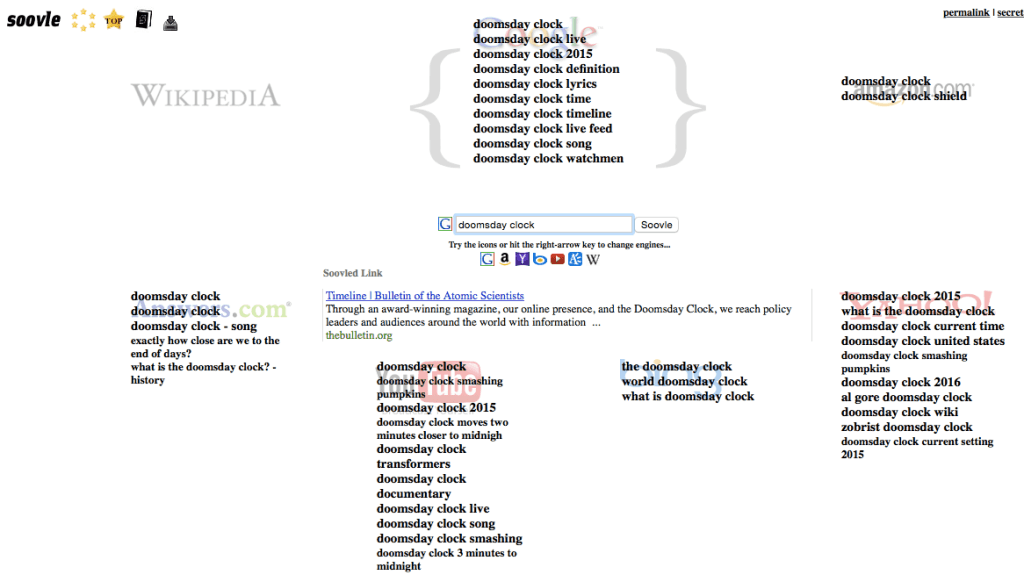 The Doomsday Clock keyword was one I found really interesting from my research. It stuck in my mind, so I decided to use it here to see what I could find out. I came away with a solid addition of 15 more keywords.