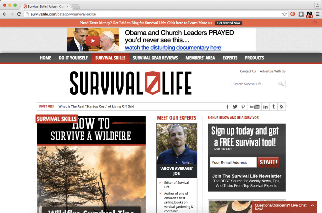 Here’s the “Survival Skills” page on SurvivalLife.com before I apply the Chrome trick.