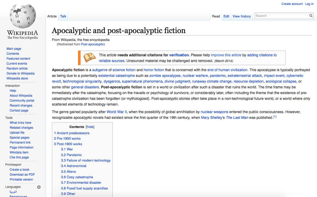 The first paragraph along is filled to the brim with keywords like end of human civilization, nuclear warfare, extraterrestrial attack, and runaway climate change. The contents section (and the rest of the article) provide a lot as well.