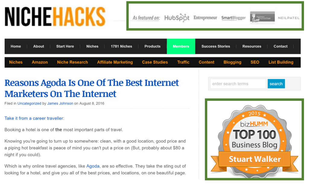 nichehacks social proof examples