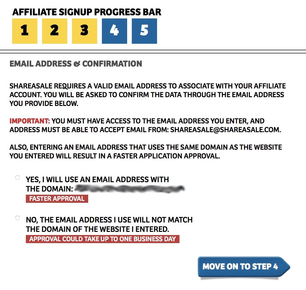 Step 3 of ShareASale affiliate signup