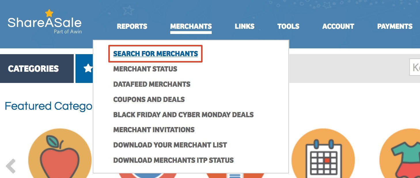 search for merchants on ShareASale
