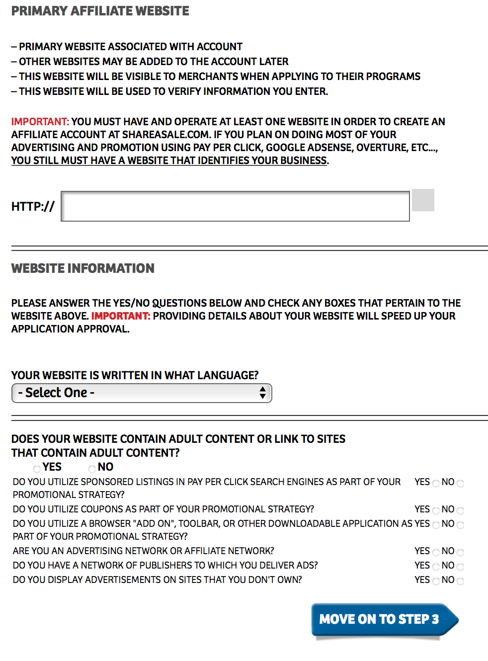 Step 2 of ShareASale affiliate signup