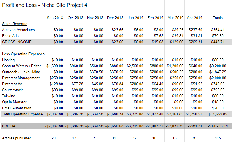 Niche site profit and loss statement