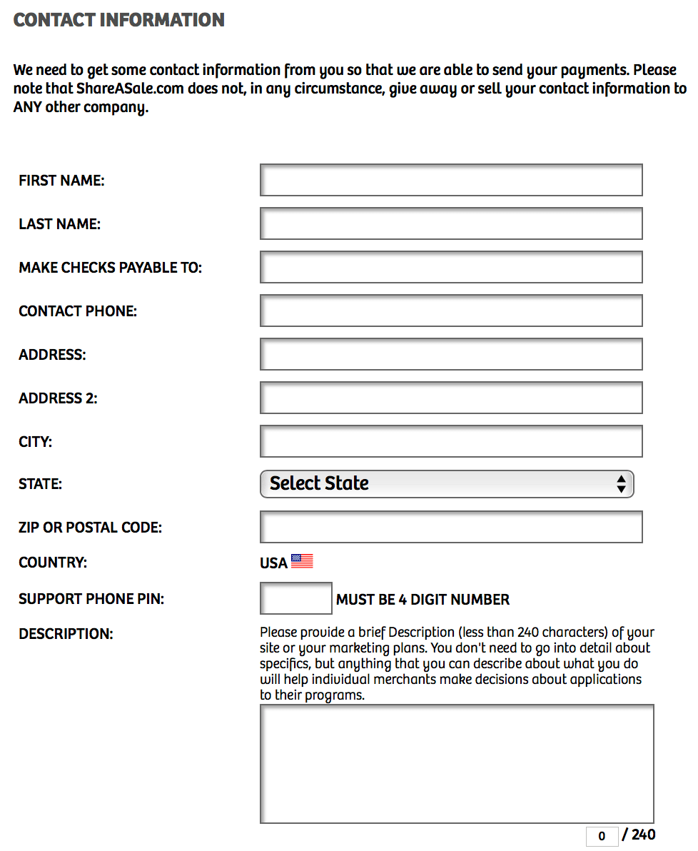 providing contact information in Step 4 of ShareASale affiliate signup